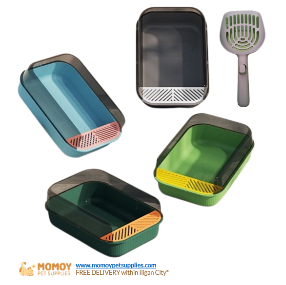 [R] CAT LITTER BOX SEMI-CLOSED HIGH FENCE W/ FREE SCOOP (50.5*34.5*18.5 CM) P420 (Cat Litter Essentials)