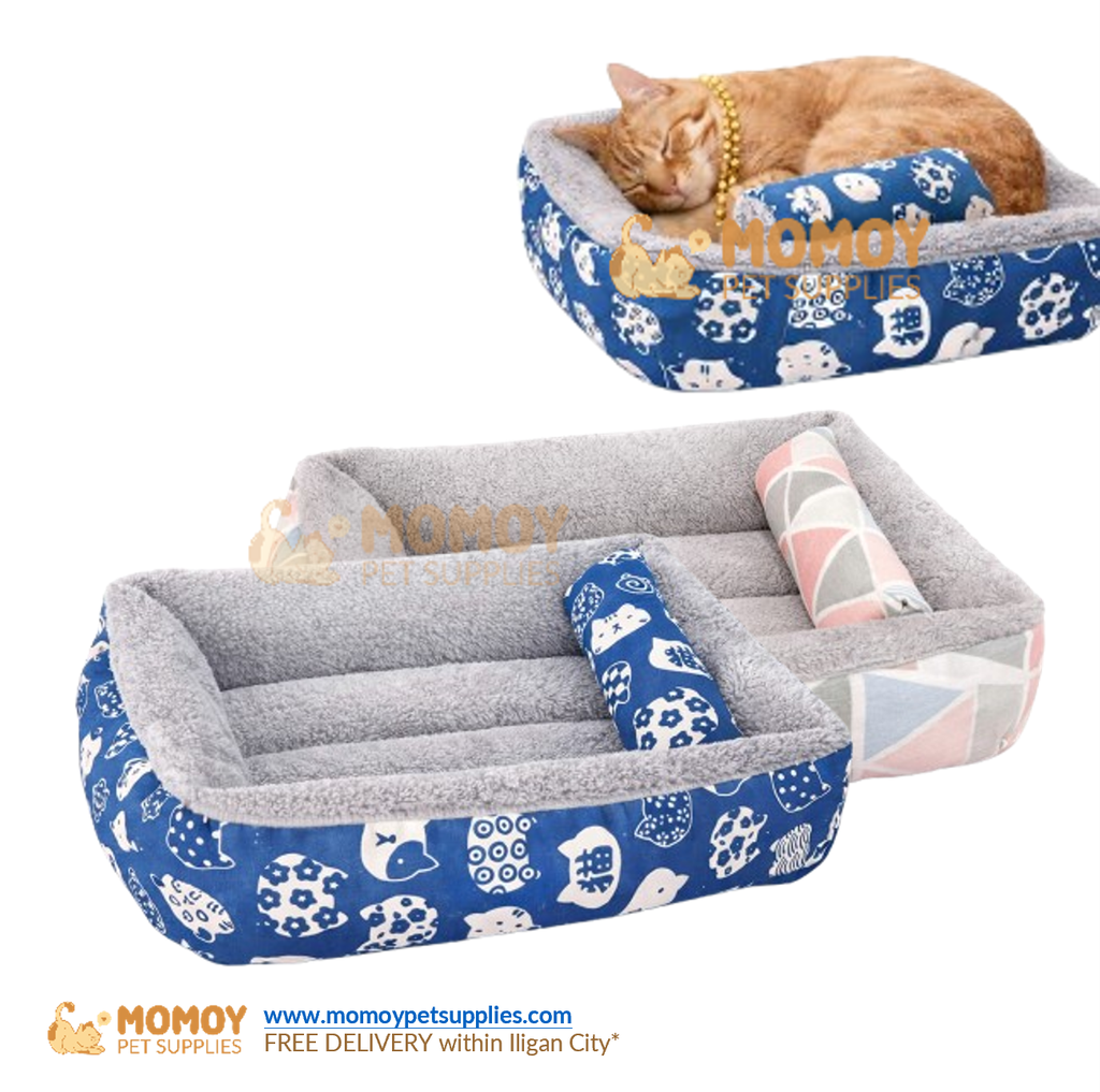 WASHABLE PET BED WITH PILLOW COTTON WARM SOFT SLEEPING BET FOR CATS & DOGS MEDIUM (50x35CM)