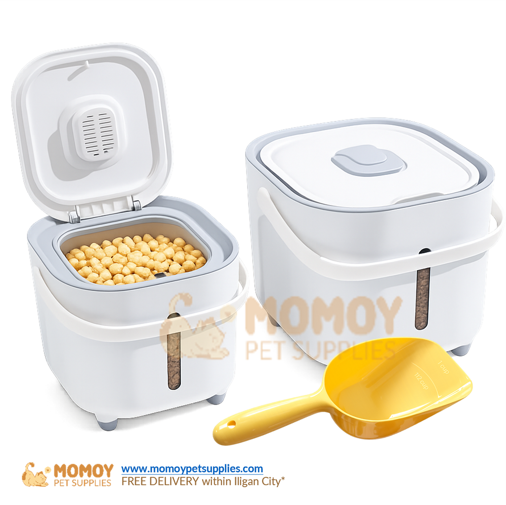 *NEW: AIRTIGHT PET FOOD STORAGE BARREL/BIN 5KG CAPACITY WITH SCOOP W/ MEASUREMENT MARKINGS (28CMx30CMx24CM)