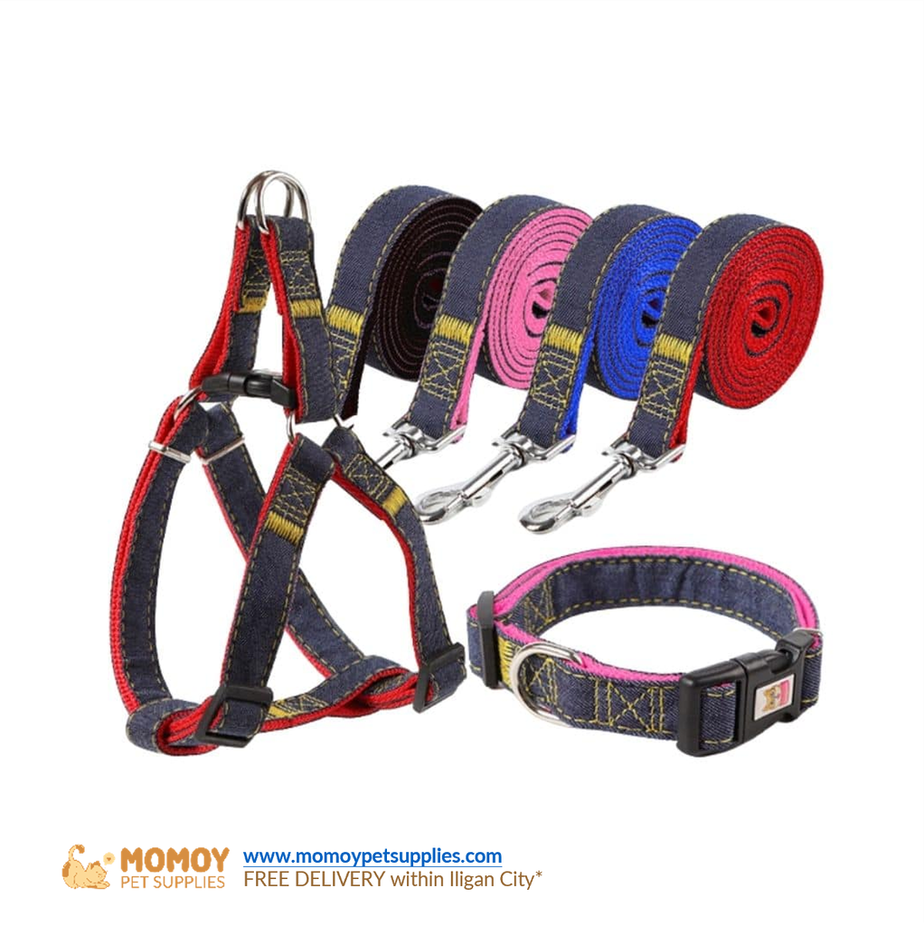 PET ADJUSTABLE DENIM 3-PIECE SET HARNESS LEASH - (1.5*120CM) 
