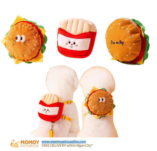 PET LEASH HARNESS WITH CUTE HAMBURGER/FRIES DESIGN BACKPACK