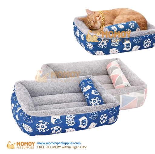 WASHABLE PET BED WITH PILLOW COTTON WARM SOFT SLEEPING BET FOR CATS & DOGS MEDIUM (50x35CM)